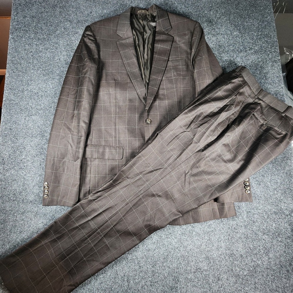 Scabal Bespoke 2 Pc Suit Mens 43XL Pants35x37 Brown Windowpane Super 100s Wool - Picture 2 of 16